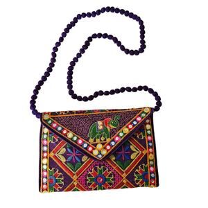 Embroidered Indian Purse Envelope Clutch Bag Multicolor with Elephant
